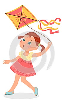 Girl playing with kite. Sky flying toy game