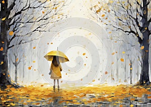 Girl playing outside in the autumn weather in nature with colorful laves in the fall. Generative AI illustrations