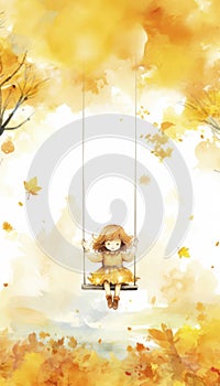 Girl playing outside in the autumn weather in nature with colorful laves in the fall. Generative AI illustrations