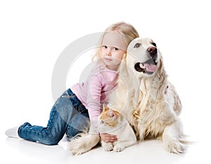 Girl playing with pets - dog and cat.
