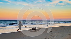 Girl playing and running on the beach with her dog