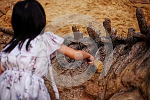 A girl playing in a sandbox with a modeled dinosaur fossil, brushing sand off the fossil photo