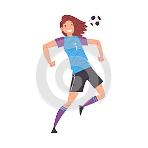 Girl Playing Soccer, Smiling Sportive Young Woman Football Player Character in Sports Uniform Kicking the Ball Vector