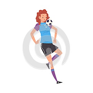 Girl Playing Soccer, Young Woman Football Player Character in Sports Uniform with Ball Vector Illustration