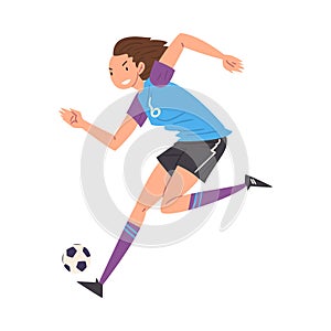 Girl Playing Soccer, Young Woman Football Player Character in Sports Uniform Dribbling the Ball Vector Illustration