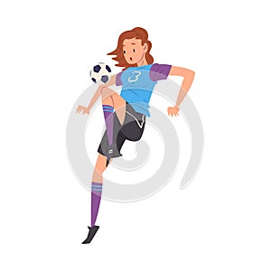 Girl Playing Soccer, Young Woman Football Player Character in Sports Uniform Kicking the Ball Vector Illustration