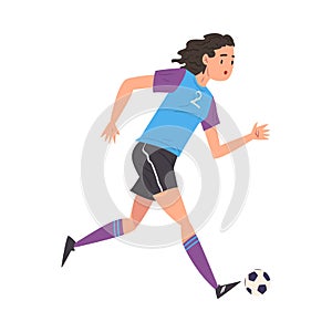 Girl Playing Soccer, Young Woman Football Player Character in Sports Uniform Running with Ball Vector Illustration