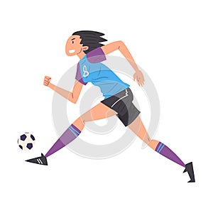 Girl Playing Soccer, Young Woman Football Player Character in Sports Uniform Running and Kicking the Ball Vector