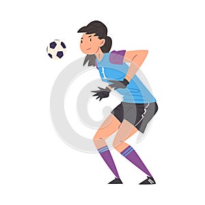 Girl Playing Soccer, Young Woman Goalkeeper Character in Sports Uniform with Ball Vector Illustration