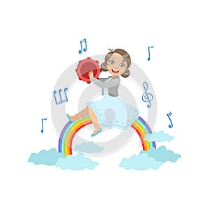 Girl Playing Tambourine With Rainbow And Clouds Decoration