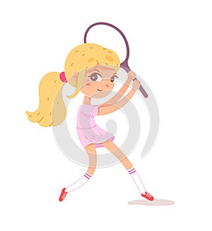 Girl playing tennis with racket. Happy kid doing healthy exercise and sport vector illustration. Child athlete plays