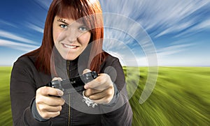 Girl playing video game console