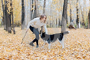 Girl plays with a dog. Mistress with her pet in the park. Autumn landscape