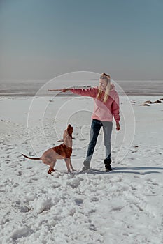 Girl plays with dog with stick in winter