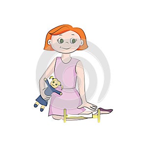 Girl plays a doll. Vector color illustration