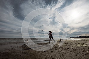 A girl plays with her dogs on the beach