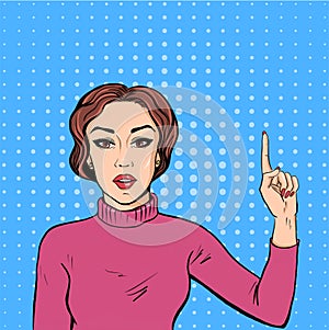 Girl pointing finger up. the background of the style of pop art