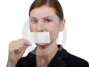 Girl pointing at notecard