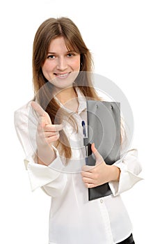 Girl pointing at you with a folder