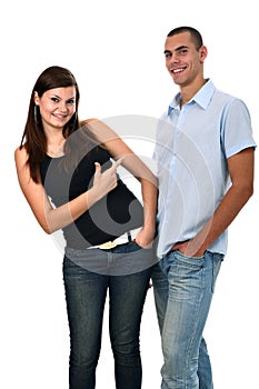 Girl points her finger at boy isolated on white