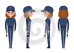 Girl police officer isolated on white background. Traffic controller with a striped rod lowered down.