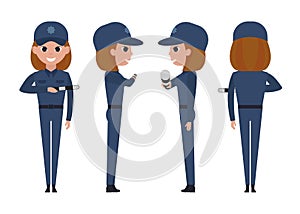 Girl police officer. Traffic controller holds a striped rod near the chest. Front, side, back