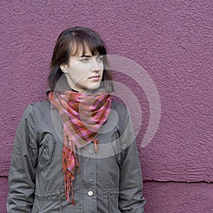 Girl portrait on lilaceous background photo