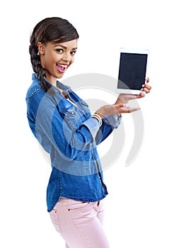 Girl, portrait and presentation of tablet screen in studio for ebook reader or learning app on white background. Excited