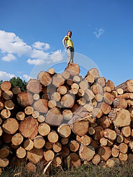 A girl poses on top of a stack of logs