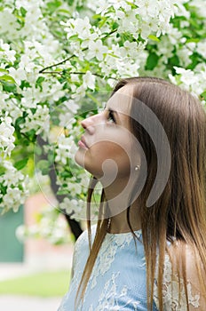 Girl posing against a background of flowering trees