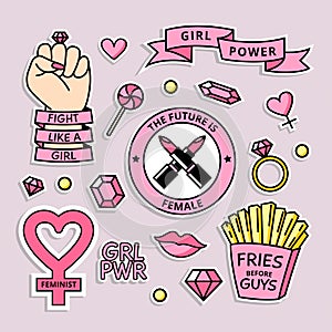 Girl power badges set. Colorful pins with inspirational girly quotes. Feminist stickers set.