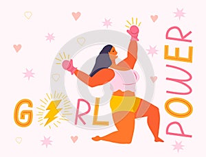 Girl power and feminism concept vector. Latino boxer woman is strong. Thunder lightning in text is shown. Gender