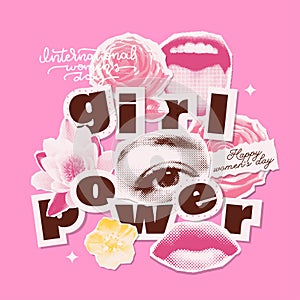 Girl power greeting card vintage halftone design. 8 march happy women s day collage with female eye, lips and flowers