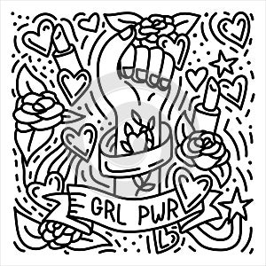 Girl power hand drawn doodle feminist poster with woman`s fist
