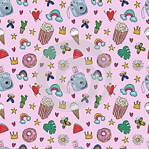 Girl power hand drawn seamless pattern. Cute girly pattern, doodle background about selflove.
