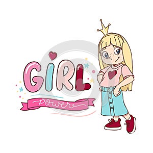 Girl power illustration with cute girl and lettering on white background. Motivational print for textile, cards, cases, mugs or