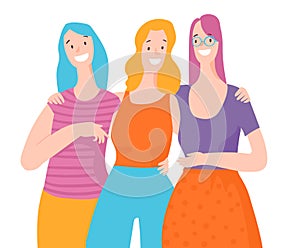 Girl power illustration. Happy women embrassing each other and smiling. photo