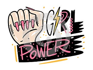 Girl Power lettering and woman hand with her fist raised up. Feminism concept art. Vector illustration in cartoon style. Isolated