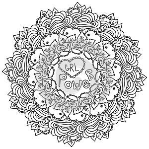 Girl power mandala, outline coloring page with roses, leaves and curls