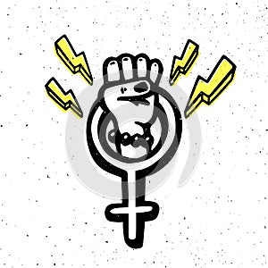 Girl power movement. Doodle style female gender symbol and raised fist on white background. Feminist movement, protest