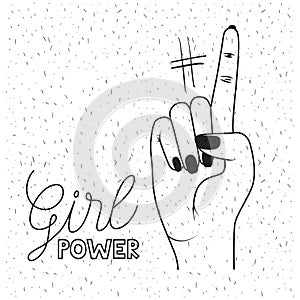 Girl power poster text and hand signal with finger number one in black silhouette over white background with sparkles