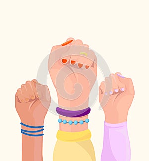 Girl power poster. Women hands with different  trappings and different skin color.  Set. Feminism, race equality, tolerance art. photo