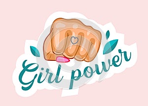 Girl Power with Raised Female Fist with Manicure and Heart Tattoo on Finger. Feminist Slogan, International Women Day