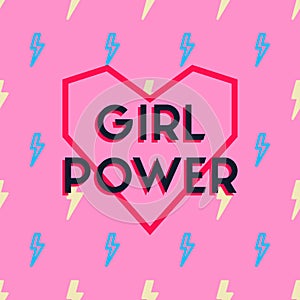 Girl power slogan on a pink background with blue and yellow flash lightnings and a heart. GPWR trendy retro comics style