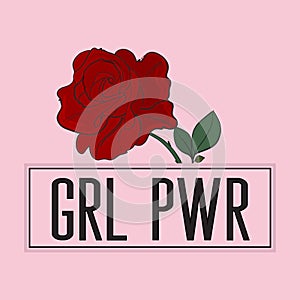 Girl power slogan with rose print on pink background.