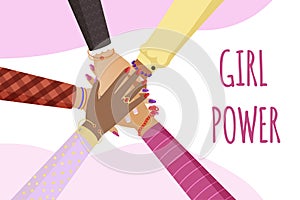 Girl power vector banner template. Feminism, women rights, unity, solidarity concept.