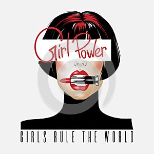 Girl power. Vector hand drawn illustration of girl biting pomade isolated. Creative  artwork.