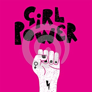 Girl power vector hand drawn textured lettering and element of fighting fist of woman - White and black on pink -