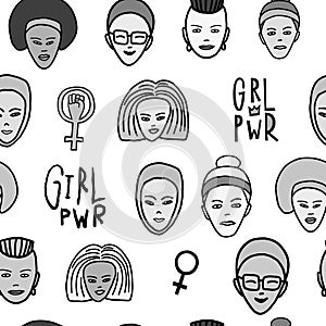 Girl power woman face feminist seamless pattern