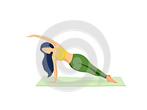 A girl practices yoga exercises on a mat at home. Vector illustration. Sports activity, exercise, fitness, meditation